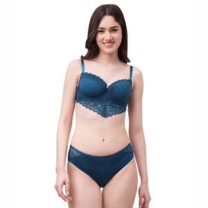 Semi/ Medium Coverage Wired Demi Cup Lace Bra with Brief- SET